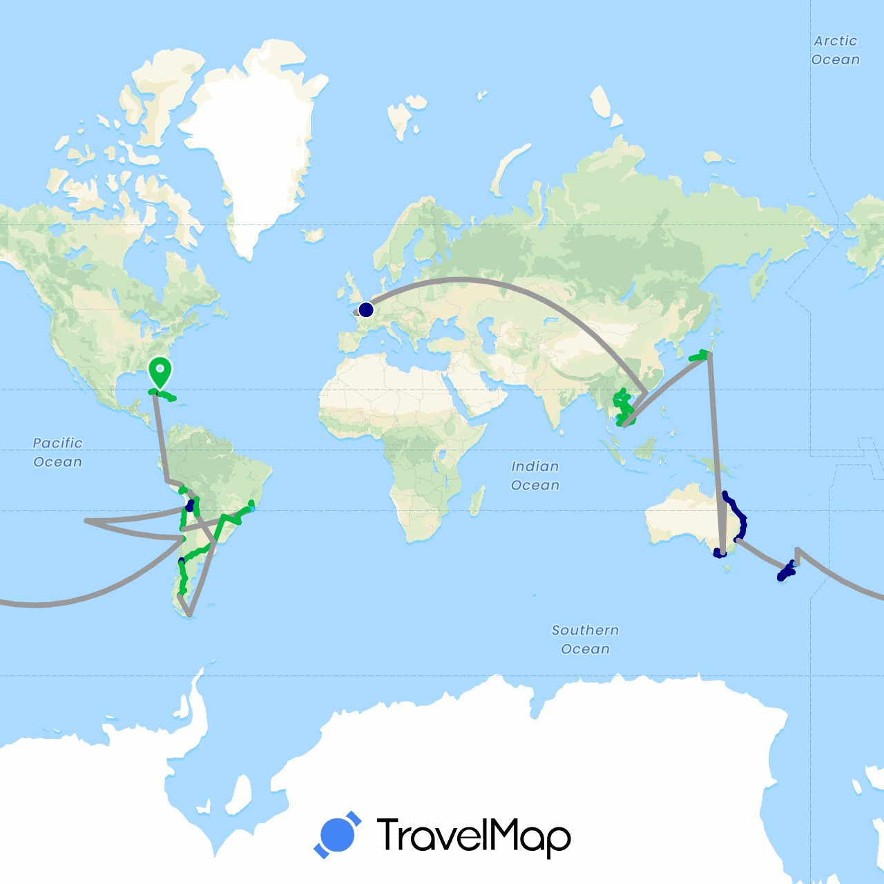 TravelMap itinerary: driving, bus, plane, train, hiking, boat, motorbike in Argentina, Australia, Bolivia, Brazil, Chile, Cuba, France, Hong Kong, Japan, Cambodia, Laos, New Zealand, Peru, Vietnam (Asia, Europe, North America, Oceania, South America)